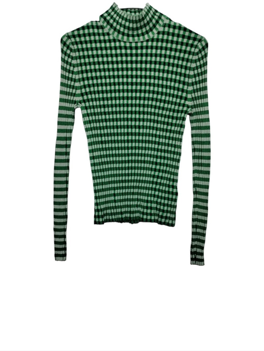 Boden Gingham Green Check Ribbed Mock-Neck Sweater Women's M